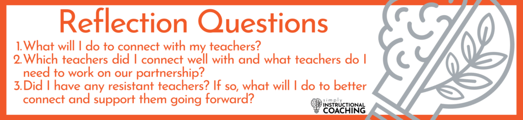 What will I do to connect with my teachers?
Which teachers did I connect well with and what teachers do I need to work on our partnership?
Did I have any resistant teachers? If so, what will I do to better connect and support them going forward?
